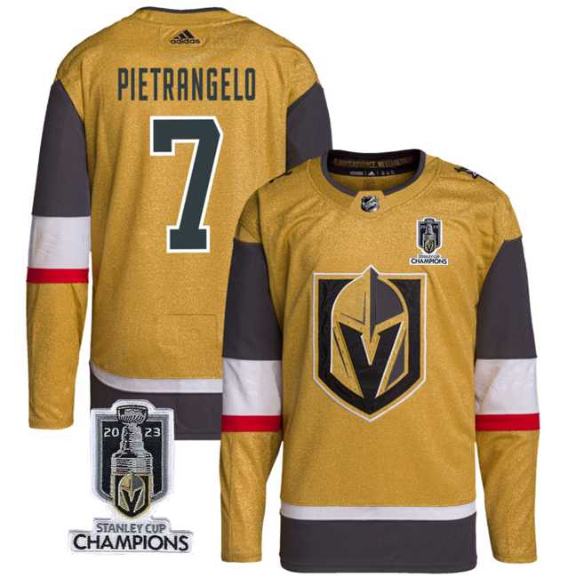 Mens Vegas Golden Knights #7 Alex Pietrangelo Gold 2023 Stanley Cup Champions Stitched Jersey